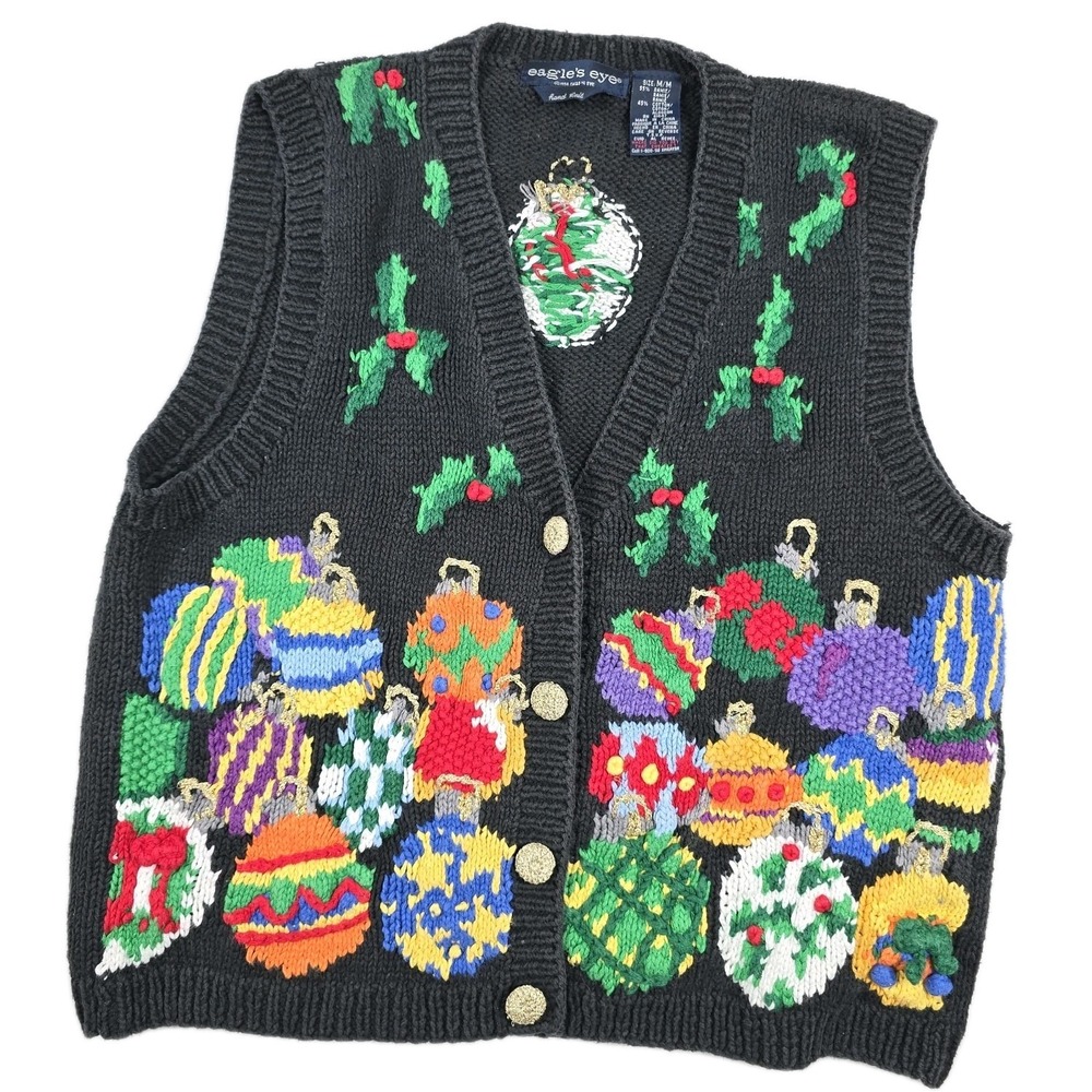 Vintage Eagle's Eye Medium Hand Knit Holiday Sweater Vest Black Cotton Christmas